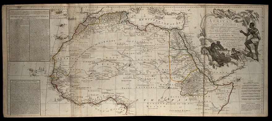 Map of Northern Africa; African people in a rococo frame on the upper right hand of the map. Coloured engraving, 1772.