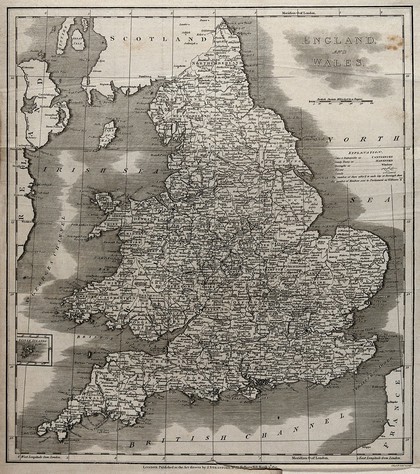 Map of England and Wales and surrounding seas. Engraving by J. Russell, 1803.