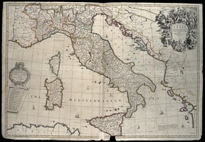 view Italy: map. Coloured engraving by J. Senex, 1708, after C. Price after John Maxwell.