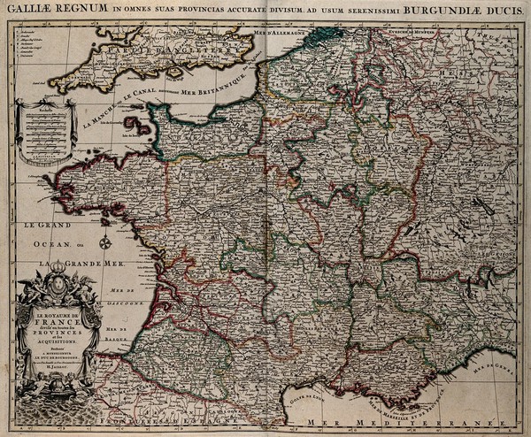 France: map. Coloured engraving by H. Jaillot, ca. 1710 (?).