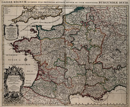 France: map. Coloured engraving by H. Jaillot, ca. 1710 (?).