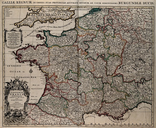France: map. Coloured engraving by H. Jaillot, ca. 1710 (?).