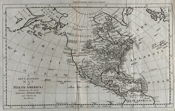 North and Central America and the Pacific and Atlantic Oceans: map. Engraving, ca. 1777.