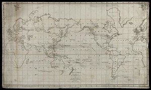 view The Earth: map, showing the voyages of La Pérouse. Engraving, 1800.