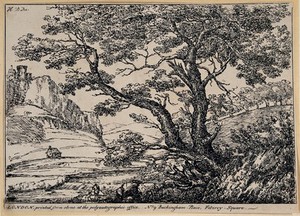 view A landscape with a tree in the foreground, a house in the middle ground, a castle in the background. Lithograph by H.B. Ker, ca. 1803.