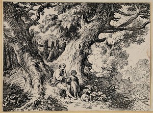 view An old man and a child are seated under a tree; dog sleeping on the ground. Lithograph by R. Corbould, 1802.