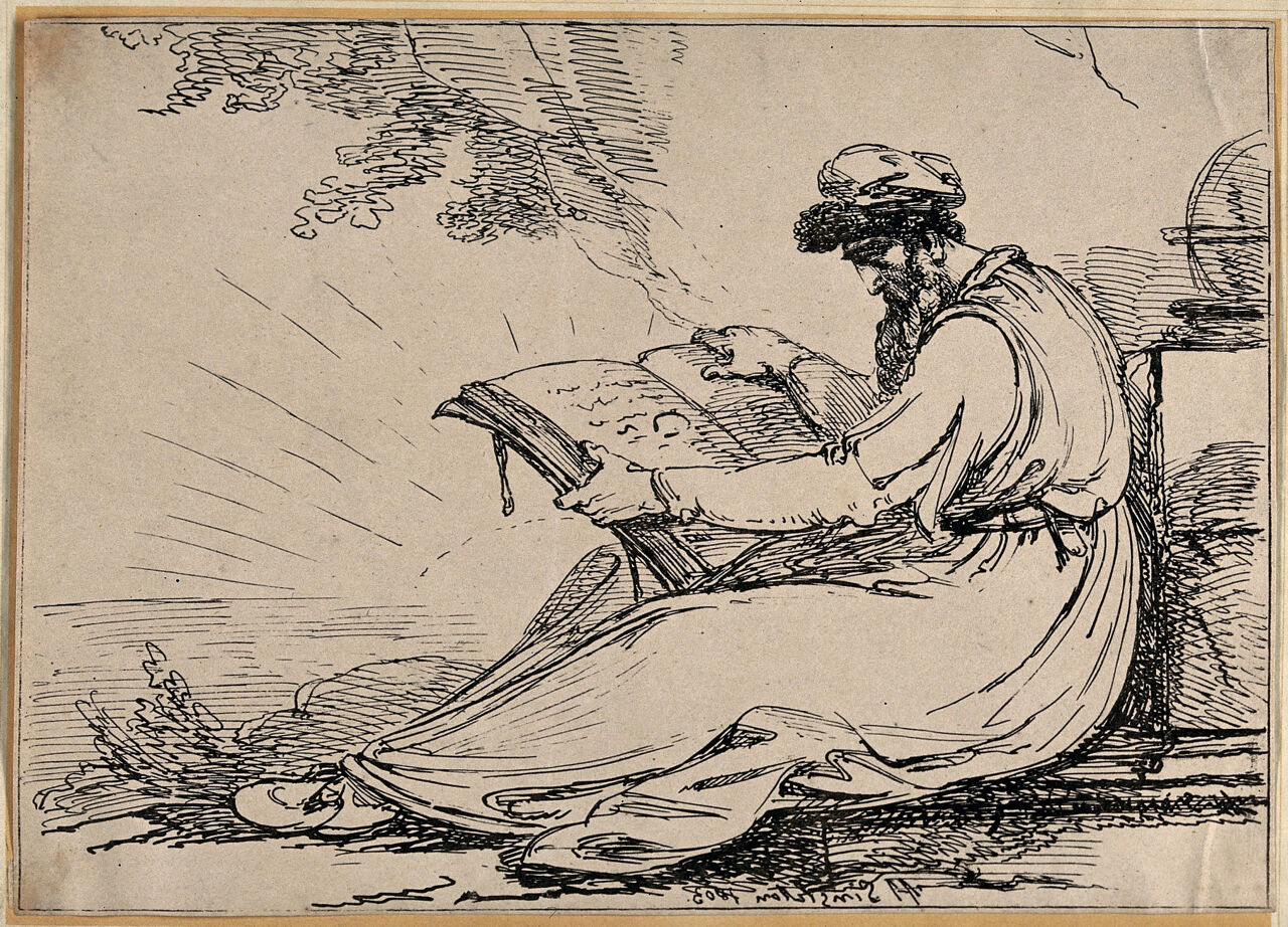 A seated man holding a large book. Lithograph by H. Singleton, 1803., 1803, by Henry Singleton