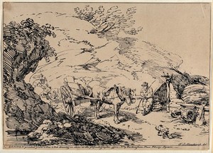 view A stone-quarry: quarry workers levering slabs of stone, and a horse-drawn cart loaded with stones. Lithograph by F.J. Manskirch, ca. 1805.