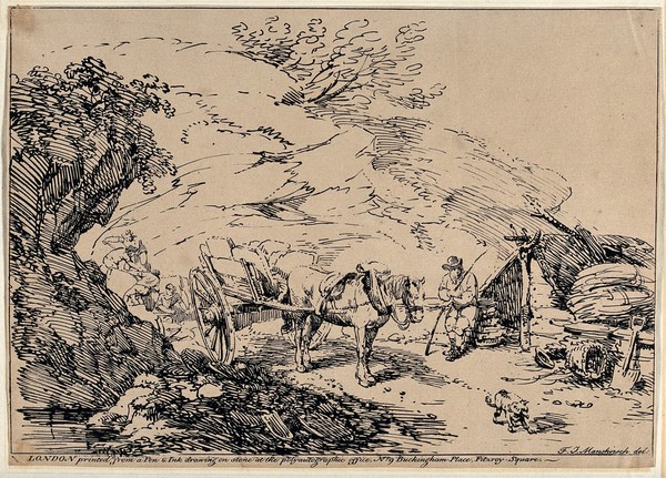 A stone-quarry: quarry workers levering slabs of stone, and a horse-drawn cart loaded with stones. Lithograph by F.J. Manskirch, ca. 1805.