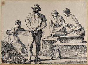 view A man holding a spade; two men cutting slates. Lithograph by T. Barker of Bath, ca. 1807.