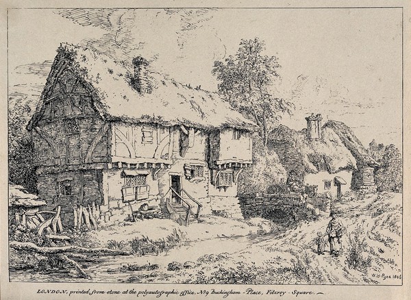 Two rural houses next to a stream; a woman and a child in the foreground. Lithograph by W.H. Pyne, 1806.