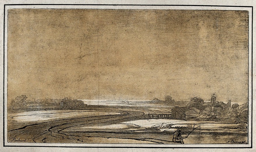 Countryside in the Netherlands: a fisherman in the foreground, a village in the background. Lithograph by N. Strixner after Rembrandt, 1811.