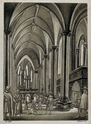 view Interior of a Gothic church; a woman kneeling in the foreground, men standing in the nave. Lithograph by N. Strixner after a drawing attributed to P. Neeffs.