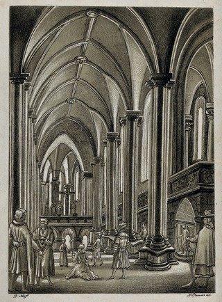 Interior of a Gothic church; a woman kneeling in the foreground, men standing in the nave. Lithograph by N. Strixner after a drawing attributed to P. Neeffs.