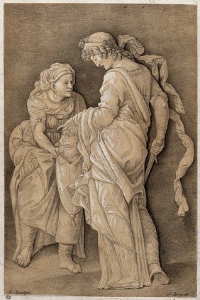Judith puts the head of Holofernes in a bag held by her servant. Lithograph by J.N. Strixner after A. Mantegna, 1811.