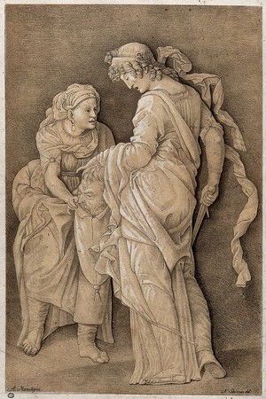 view Judith puts the head of Holofernes in a bag held by her servant. Lithograph by J.N. Strixner after A. Mantegna, 1811.