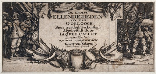 A stage set with table curtains surrounded by soldiers, armoury and drums; representing war. Etching with engraving after Jacques Callot, 1633.