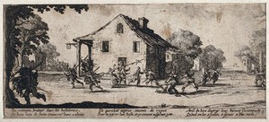 view Soldiers looting and pillaging an inn in the countryside after they refused to pay for their board and lodging. Etching after Jacques Callot, ca. 1633.