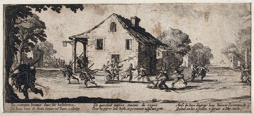 Soldiers looting and pillaging an inn in the countryside after they refused to pay for their board and lodging. Etching after Jacques Callot, ca. 1633.