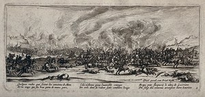 view A battlefield littered with corpses of soldiers and carcasses of horses during a fierce cavalry battle. Etching after J. Callot, ca. 1633.