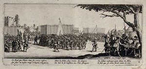 view The recruitment and signing up of soldiers outside the town walls. Etching after Jacques Callot, ca. 1633.