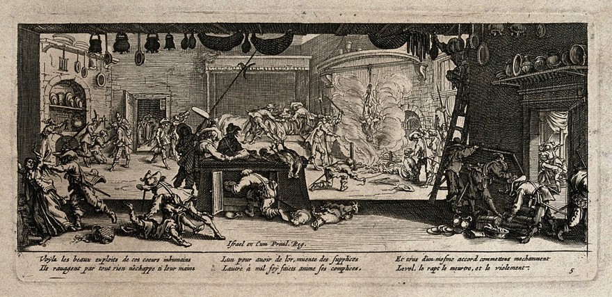 Soldiers sacking a mansion and torturing its inhabitants. Etching after Jacques Callot, ca. 1633.