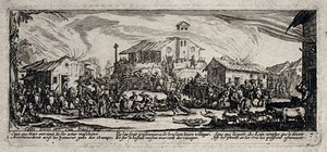 view Soldiers pillaging a village. Etching after J. Callot, ca. 1633.