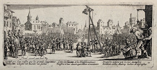 The punishment of criminal soldiers on a scaffold-like contraption called "Strappado". Etching by Jacques Callot, ca. 1633.
