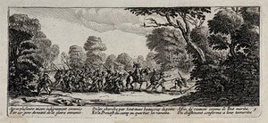 view Criminal soldiers are caught in their hiding places in woods and brought to justice. Etching after Jacques Callot, ca. 1633.