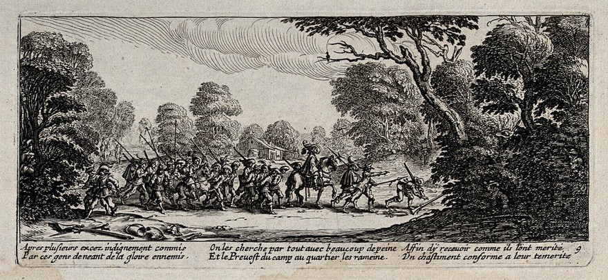 Criminal soldiers are caught in their hiding places in woods and brought to justice. Etching after Jacques Callot, ca. 1633.