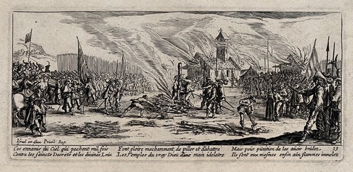 The burning of criminal soldiers on the stake. Etching by Jacques Callot, ca. 1633.