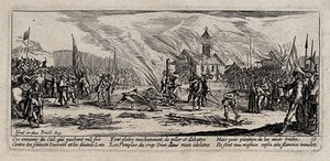 view The burning of criminal soldiers on the stake. Etching after Jacques Callot, ca. 1633.
