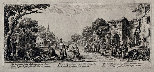 Crippled, diseased and dying former soldiers lie by the roadside with a priest attending to them. Etching by J. Callot, ca. 1633.