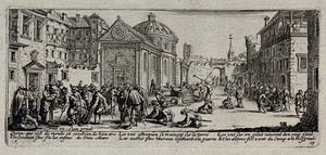 view Maimed soldiers dragging themselves to a hospital. Etching, 1730, after Jacques Callot, ca. 1633.