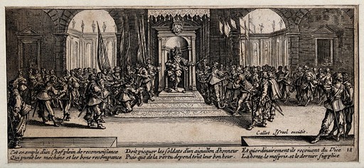A grateful military leader presenting virtuous soldiers with awards and punishing corrupt soldiers in a ceremony. Etching after J. Callot, ca. 1633.