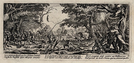 Peasants avenging themselves by attacking soldiers in a forest. Etching after Jacques Callot, ca. 1633.