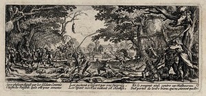 view Peasants avenging themselves by attacking soldiers from woods next to a country road. Etching after Jacques Callot, ca. 1633.