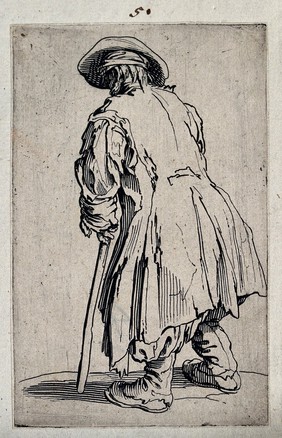 Beggar with one crutch, seen from behind. Etching with engraving by Jacques Callot, ca. 1622.