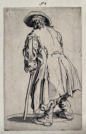 view Beggar with one crutch, seen from behind. Etching with engraving by Jacques Callot, ca. 1622.