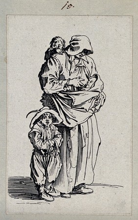 A beggar woman with three children. Etching with engraving by Jacques Callot, ca. 1622.