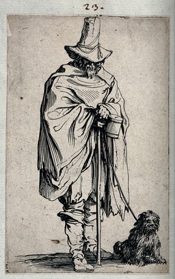 A blind man with his dog. Etching by Jacques Callot, ca. 1622.