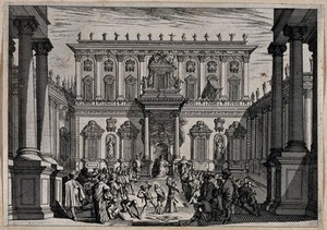 view Christ beaten and mocked before the High Priest Caiaphas. Etching by Jacques Callot.