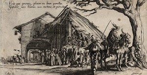 view Travelling gypsies resting under a tree outside a village. Etching by Jacques Callot.