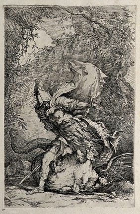 Jason fighting with the dragon. Etching by S. Rosa.