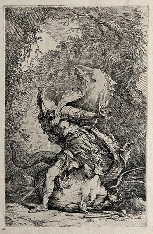 view Jason fighting with the dragon. Etching by S. Rosa.