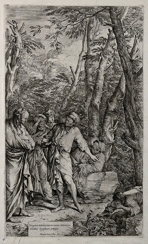 view Diogenes casting away his bowl as he sees a young man drinking out of his hands. Etching by S. Rosa.