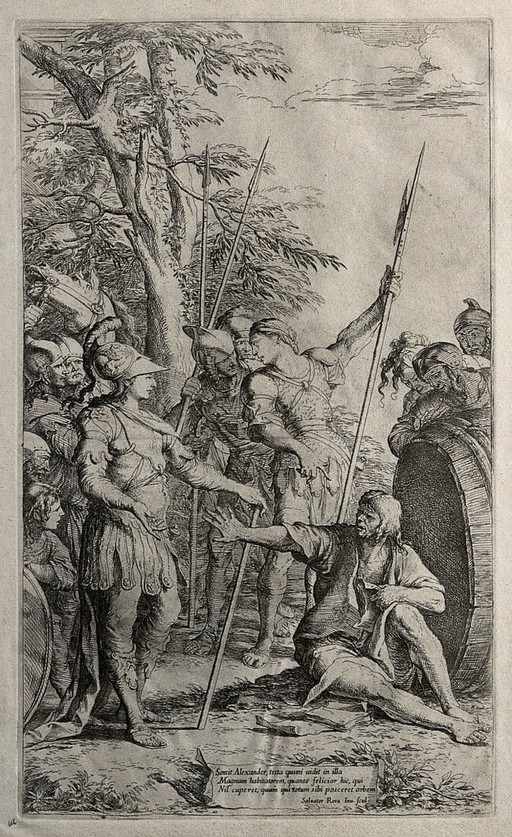 Diogenes, sitting in front of his barrel and being offered whatever he wants by Alexander the Great, asks Alexander to step aside so that he can see the sun. Etching by S. Rosa.