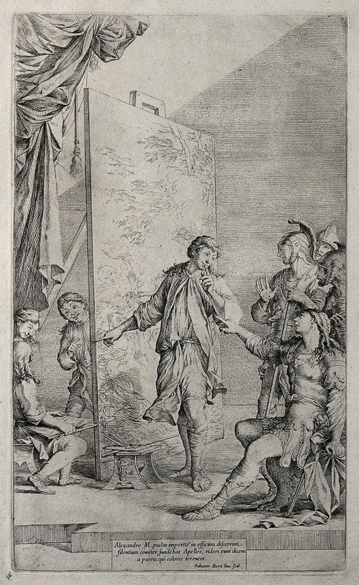 Alexander the Great in the studio of Apelles. Etching by Salvator Rosa.