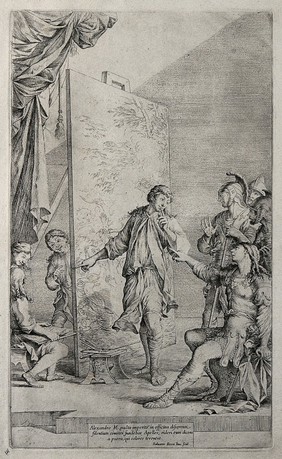 Alexander the Great being mocked by the apprentices in the studio of Apelles. Etching by Salvator Rosa.