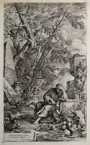 view Democritus sits in meditation surrounded by ruins and skulls. Etching by S. Rosa.